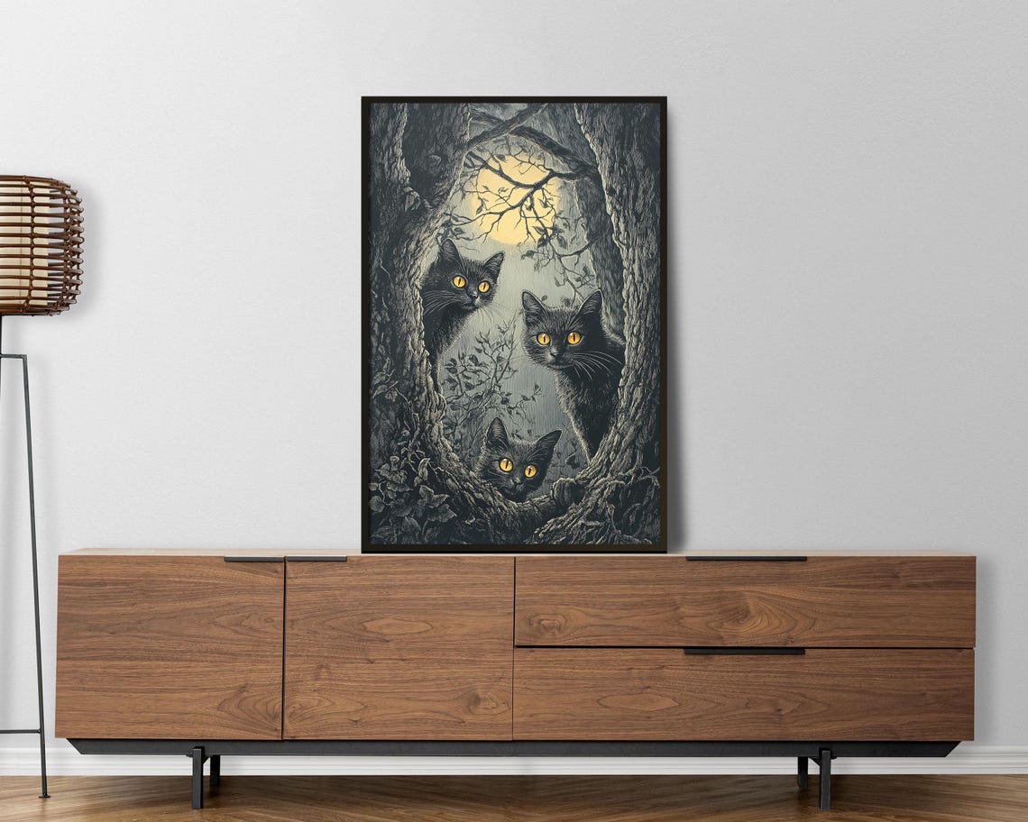 Three Black Cats With Glowing Eyes Moonlit Forest Art Poster
