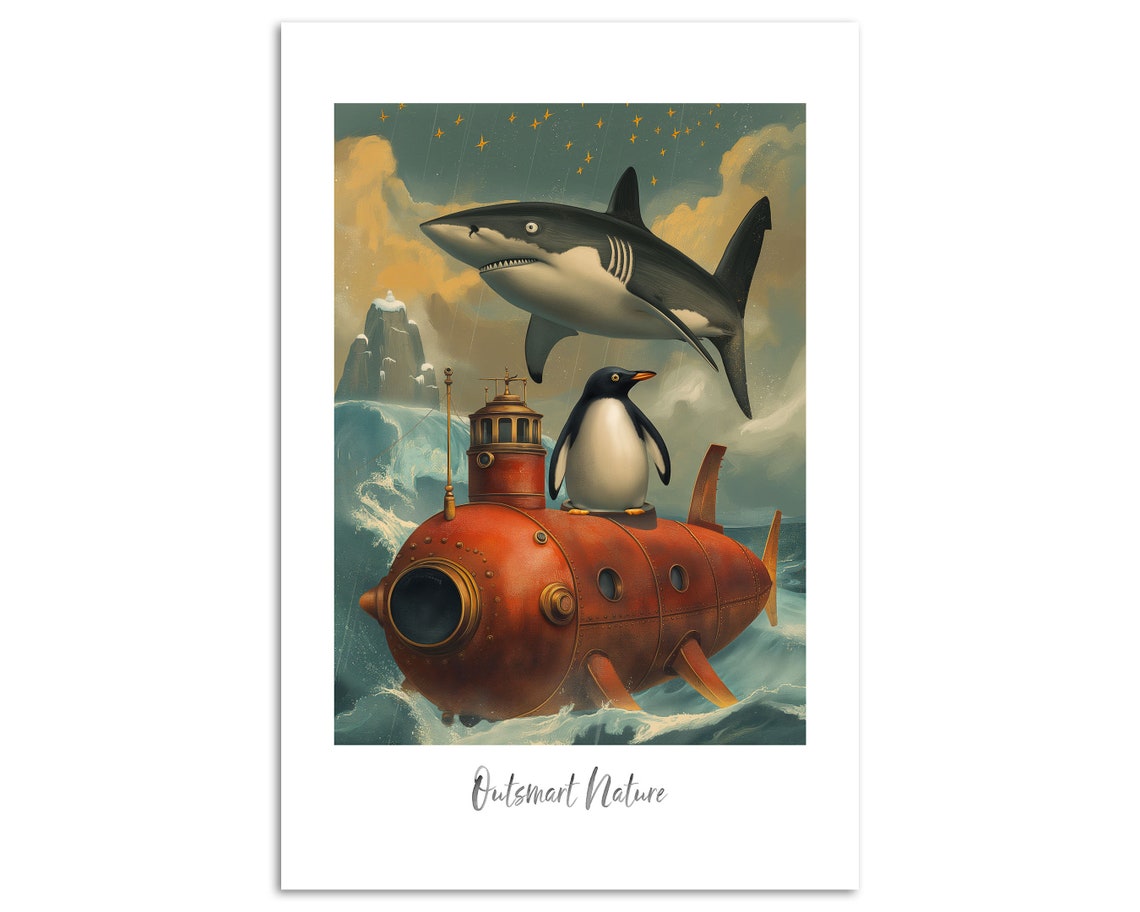 Outsmart Nature Penguin Shark Submarine Whimsical Ocean Art Poster - Image 4