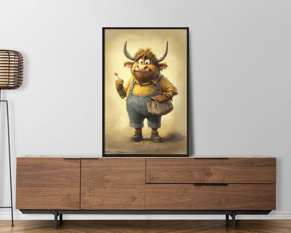 Farmer Cow In Overalls Whimsical Highland Cattle Farm Art Poster - Image 5