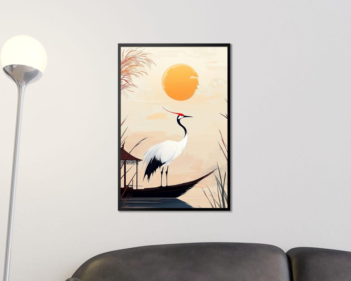 Red Crowned Crane on Boat Sunset Japanese Minimalist Nature Art Poster