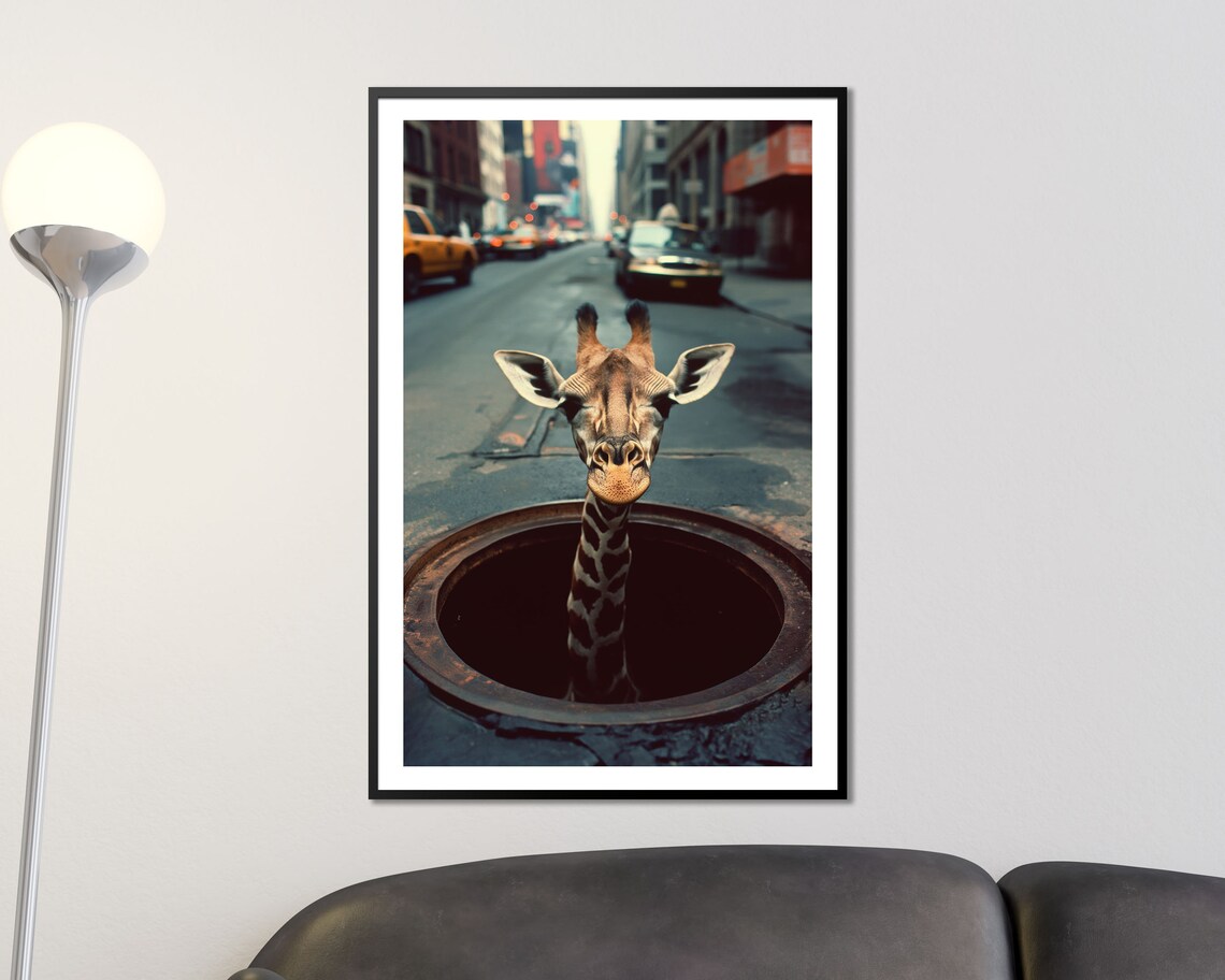 Giraffe Popping From New York City Manhole Street Scene Funny Poster