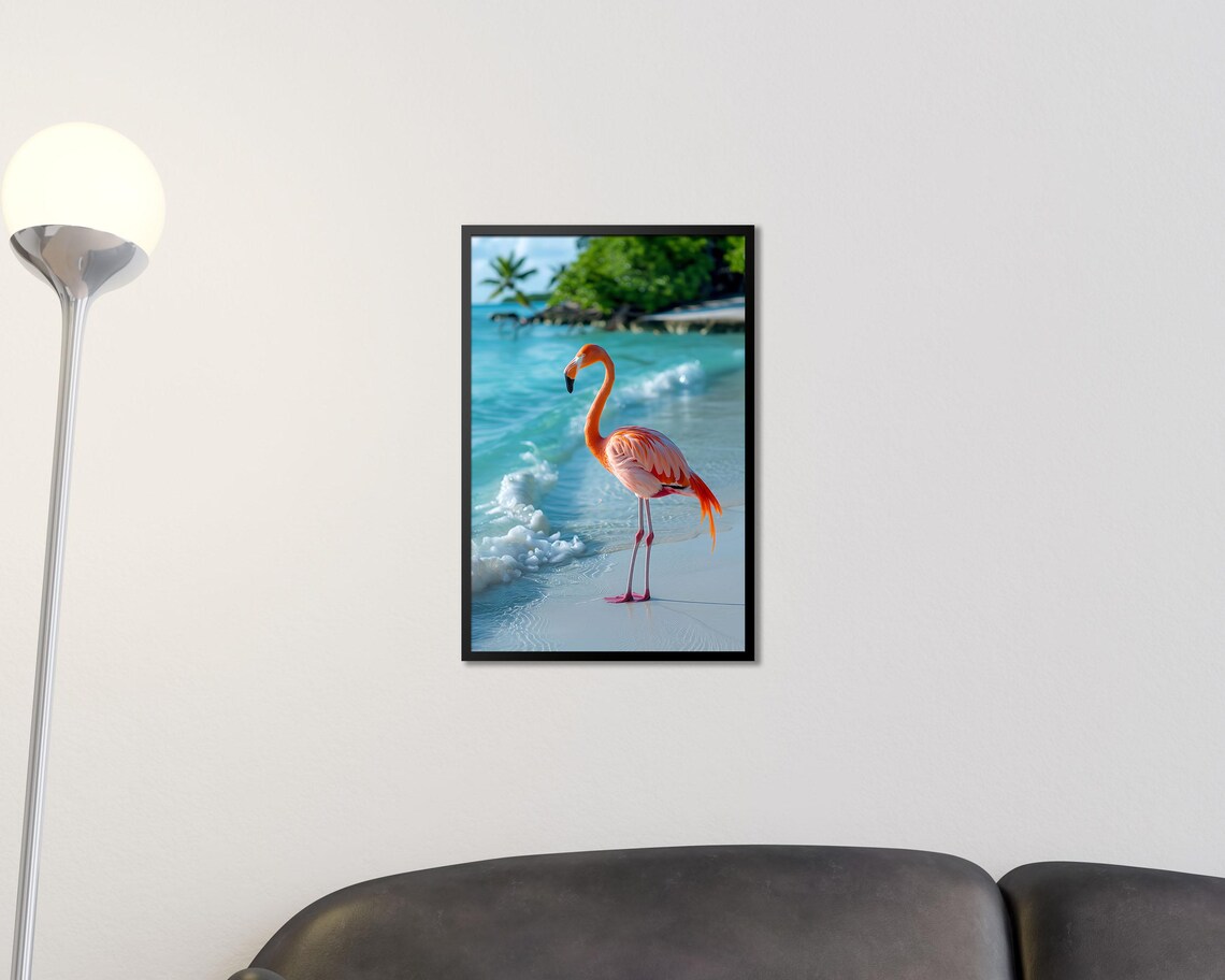Pink Flamingo on Tropical Beach Turquoise Water Coastal Photo Poster - Image 2