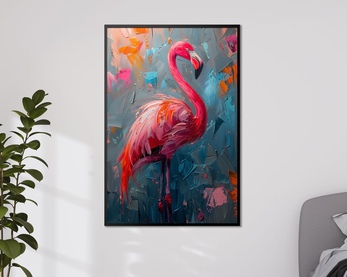 Pink Flamingo Thick Impasto Oil Painting on Teal Abstract Art Print