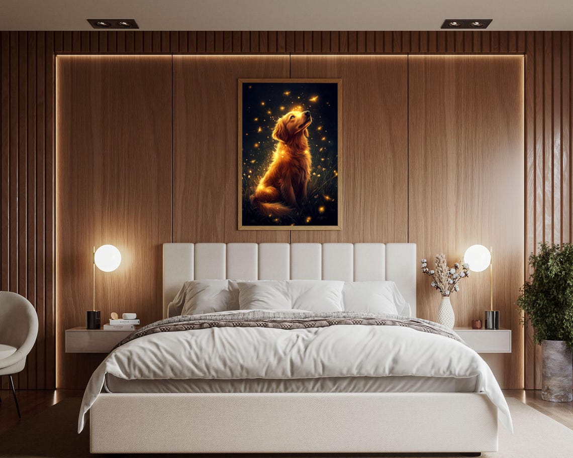 Golden Retriever Watching Fireflies Magical Night Sky Wall Art - Image 6