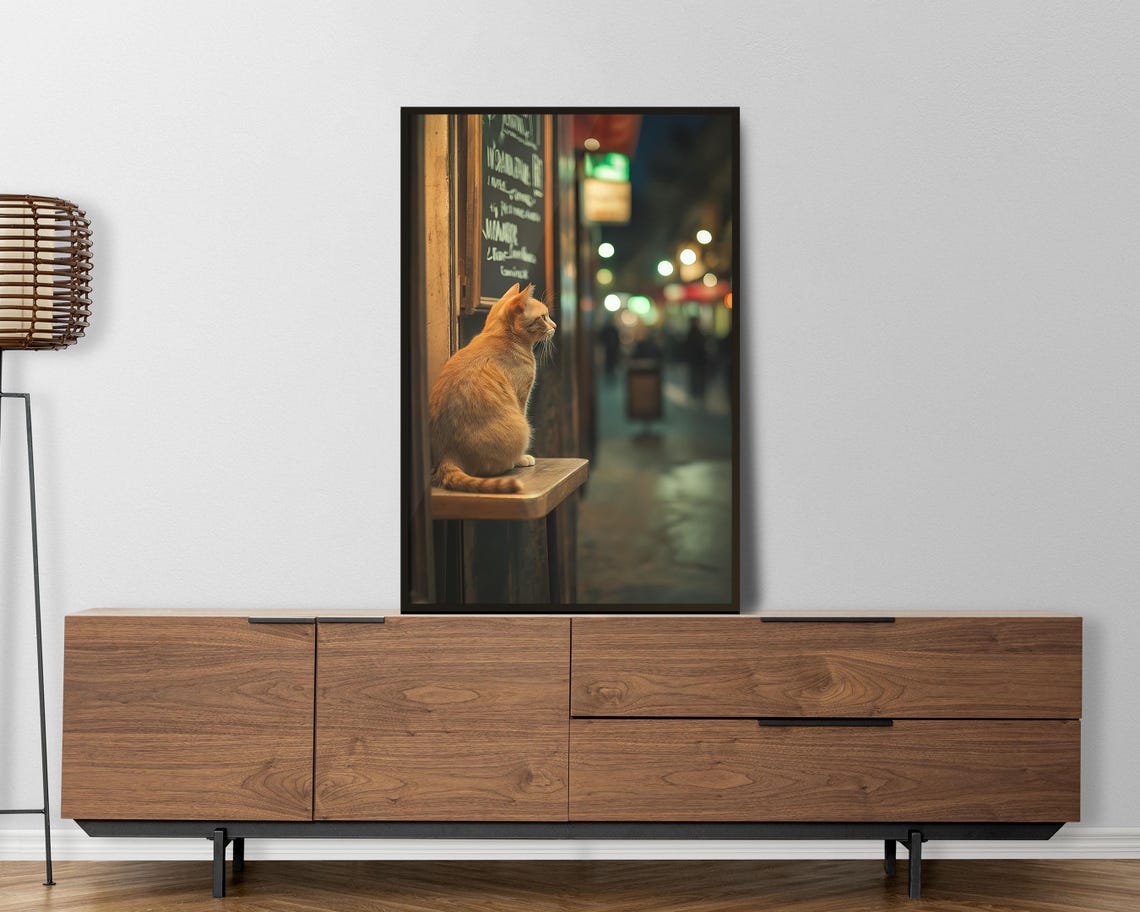 Orange Cat At Cafe Table Watching Night Street Cozy Art Poster