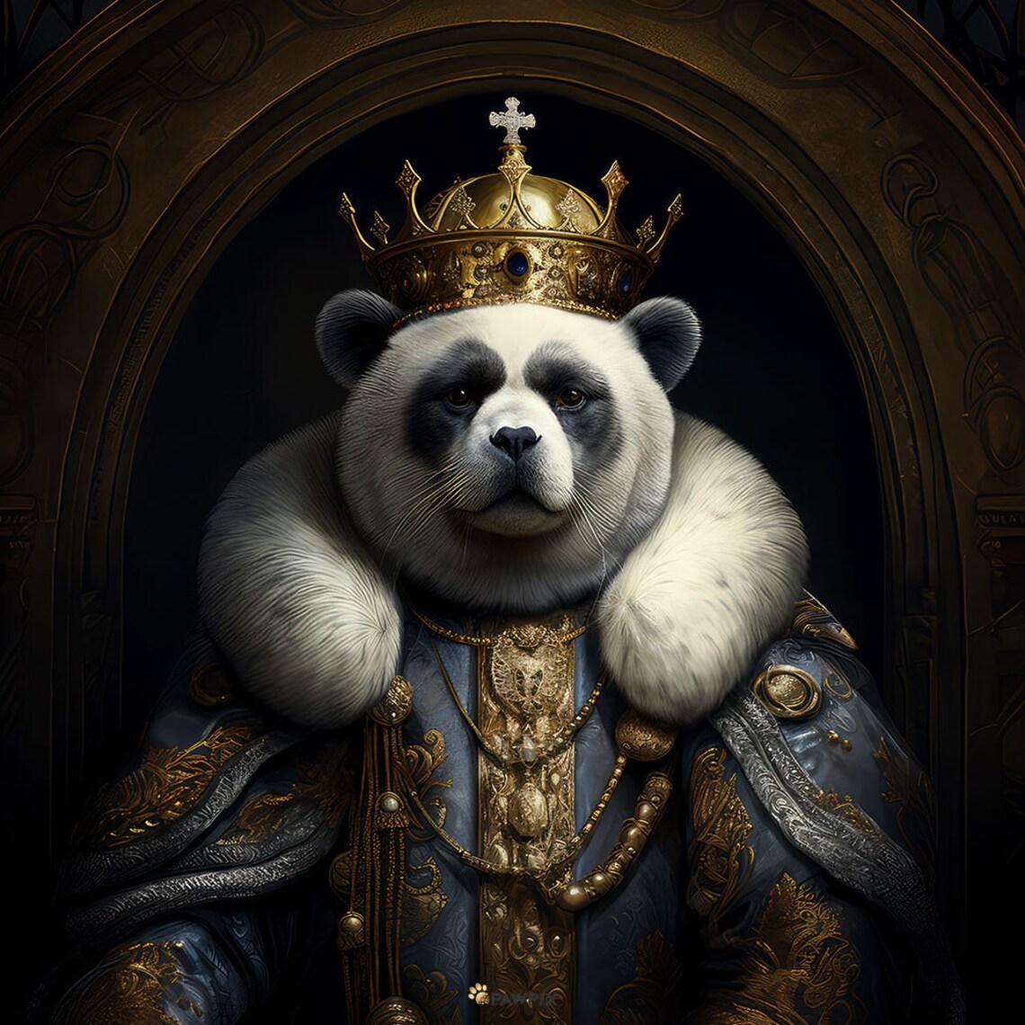 Royal Panda King With Golden Crown Fur Cape Majestic Animal Portrait Art - Image 4