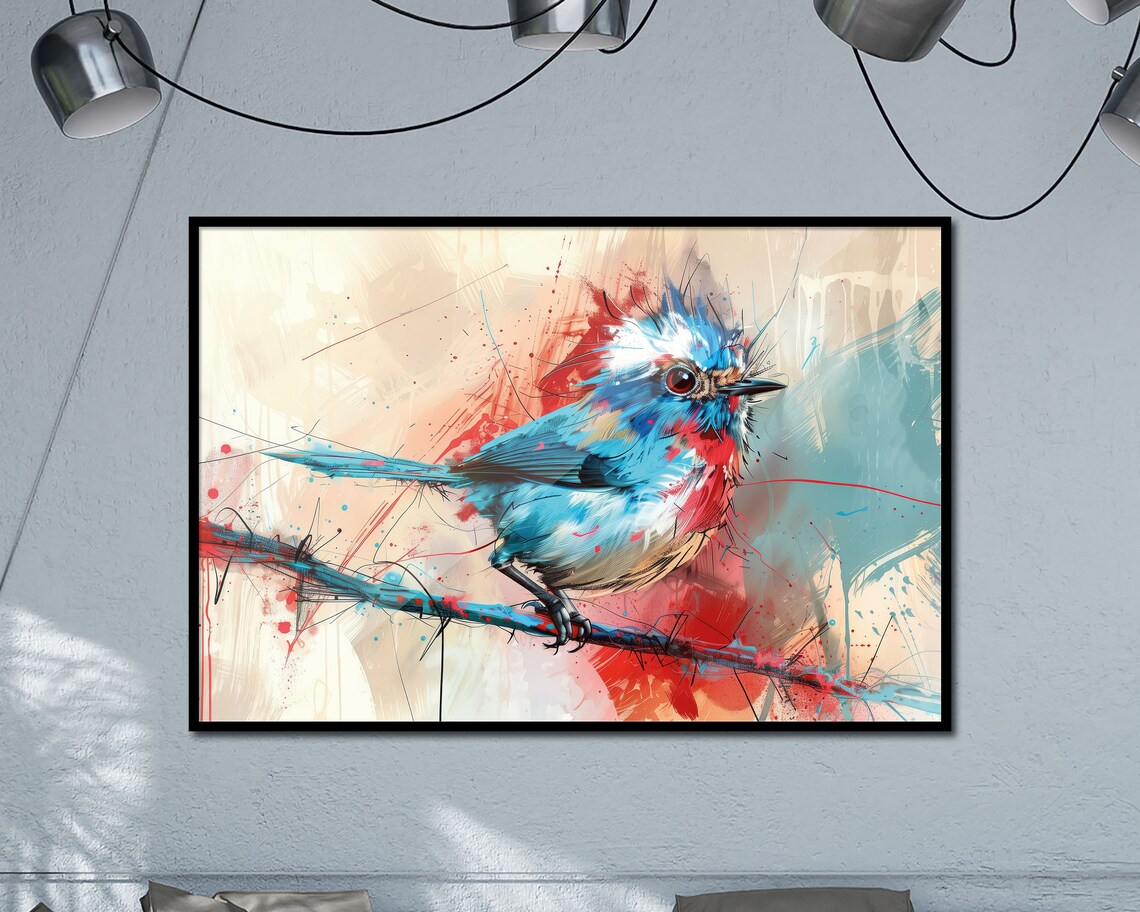 Blue Bird Vibrant Watercolor Perched Branch Abstract Wall Art Poster