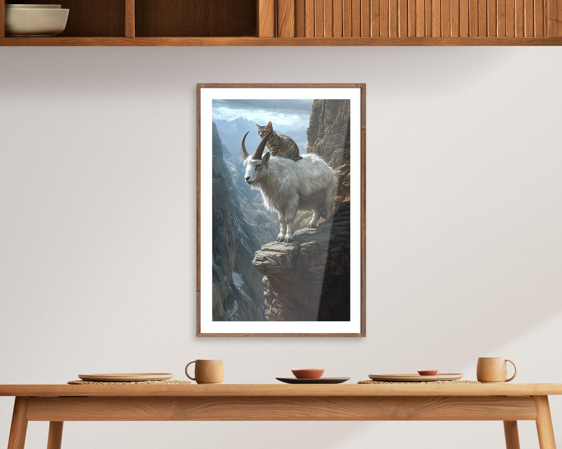 Mountain Goat Cliff Edge with Cat Riding Back Surreal Animal Poster - Image 8