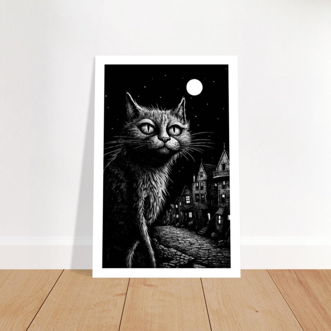 Chat Noir 8 Black Cat Full Moon Old Town Night Scene Gothic Art Poster - Image 2