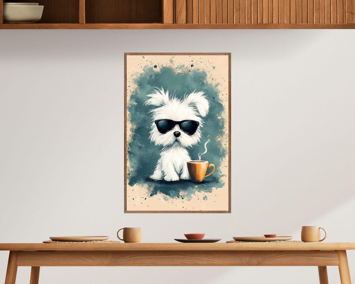 Cool White Dog With Sunglasses And Coffee Cup Funny Art Poster - Image 4