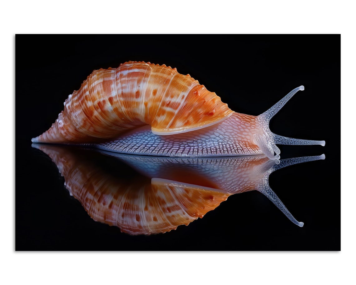Elegant Snail With Mirror Reflection Orange Shell Nature Art Print - Image 3