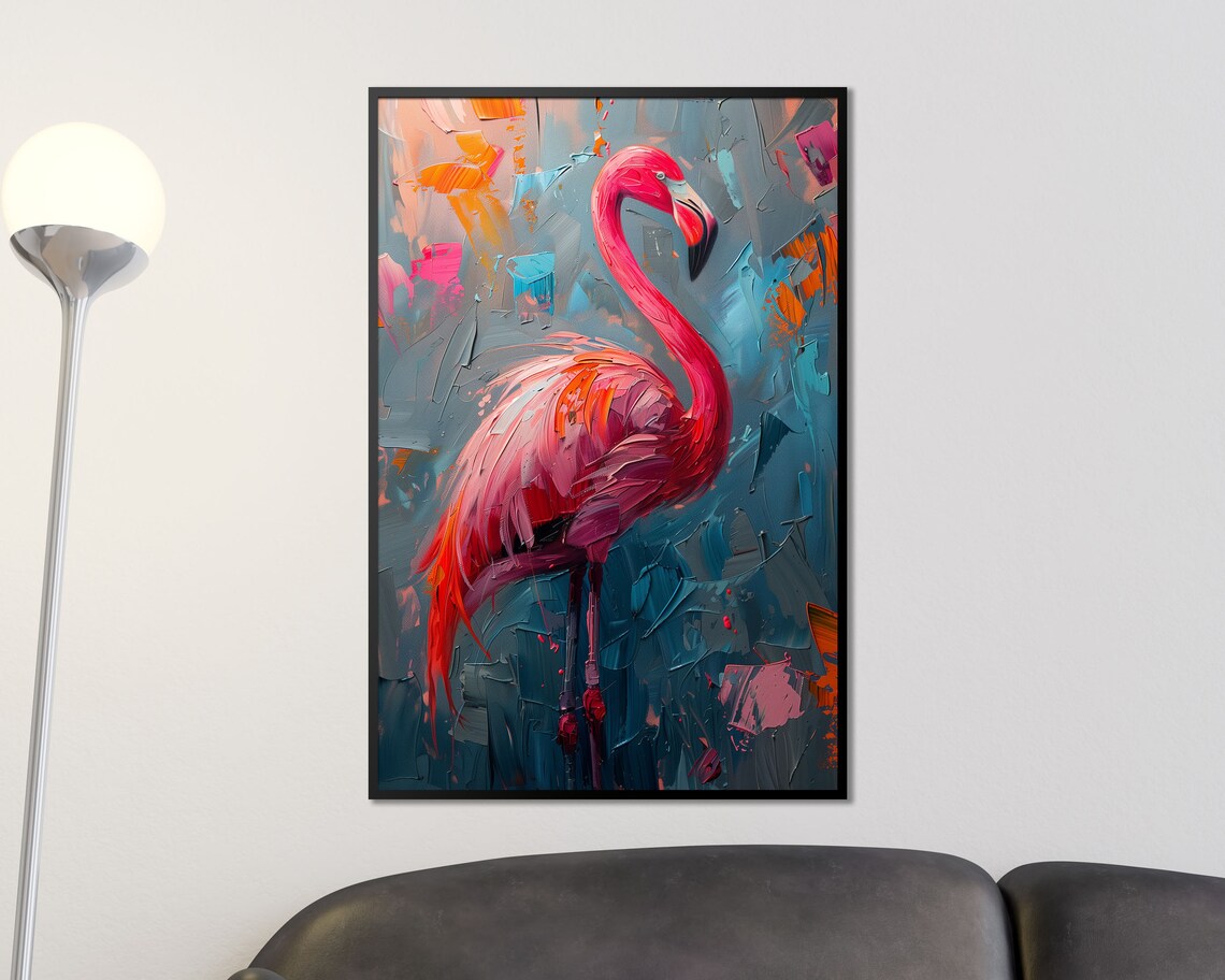 Pink Flamingo Thick Impasto Oil Painting on Teal Abstract Art Print - Image 4