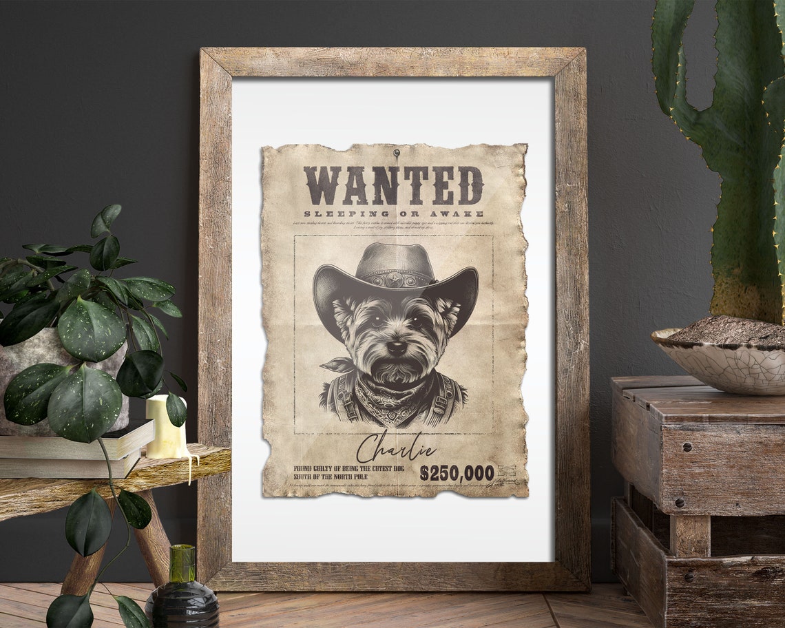Wanted Yorkshire Terrier Cowboy Hat Vintage Western Funny Dog Poster