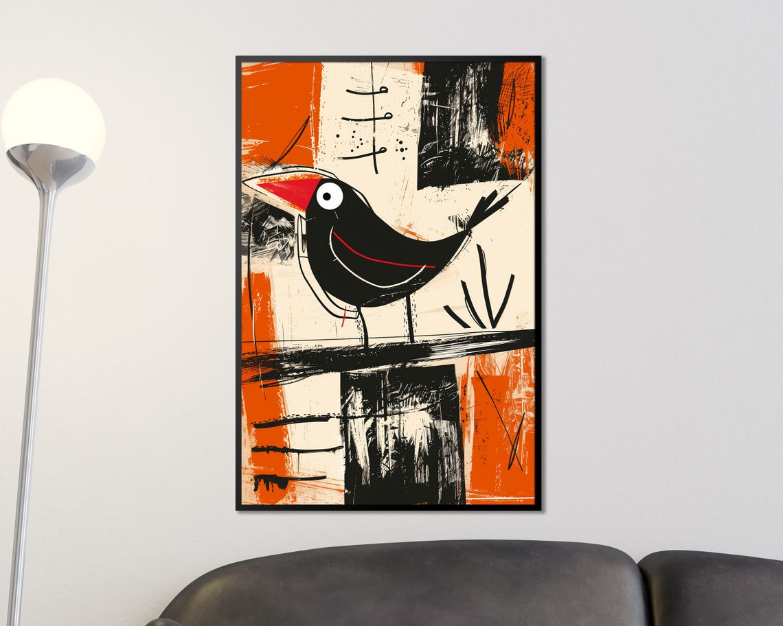 Abstract Black Bird Red Beak Bold Orange Brushstroke Modern Bird Print - Image 4