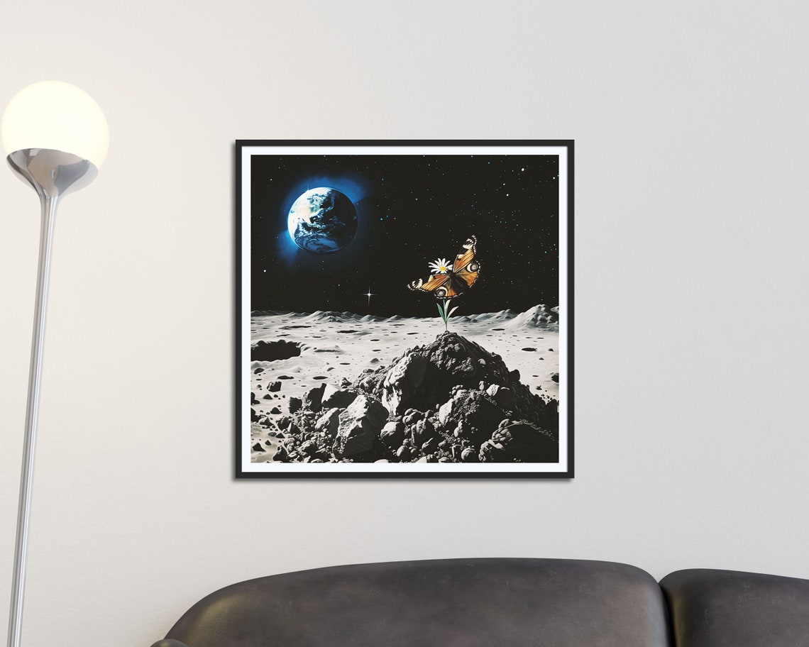 Butterfly On The Moon With Earth Glow Surreal Space Scene Poster - Image 2