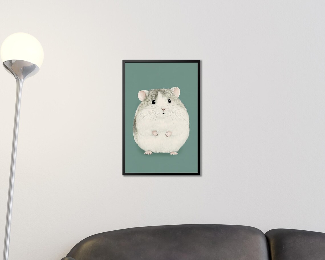 Cute Chubby Grey Hamster Portrait Minimalist Sage Green Wall Art - Image 2