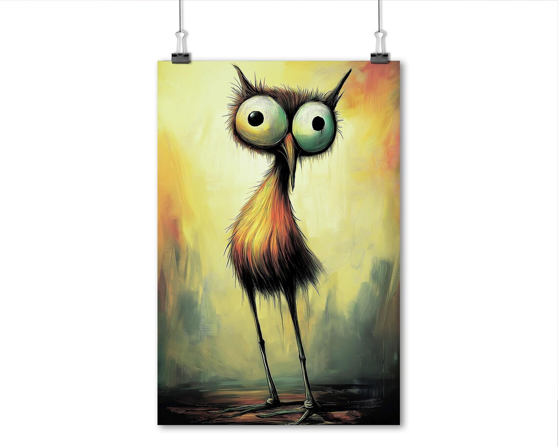 Quirky Big Eyed Bird Whimsical Yellow Painting Funny Animal Poster - Image 5