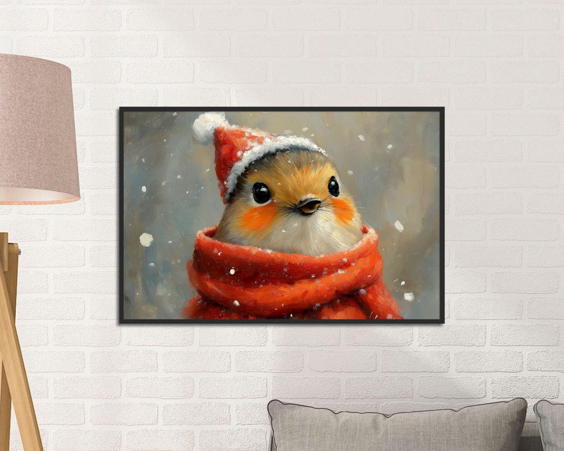 Robin Bird In Red Santa Hat And Scarf Snowy Christmas Art Poster - Image 2
