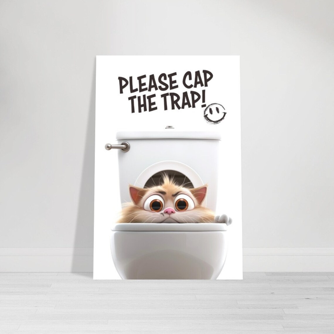 Funny Cat In Toilet Please Cap The Trap Bathroom Quote Poster - Image 2