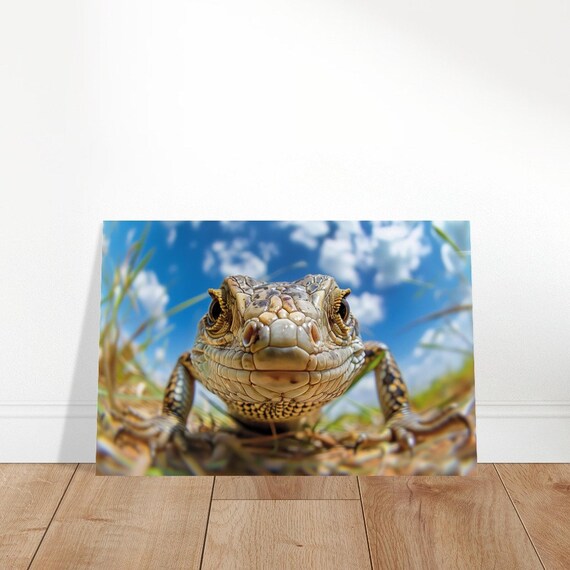 Lizard Extreme Close Up Smiling Face Blue Sky Reptile Photo Wall Art Poster