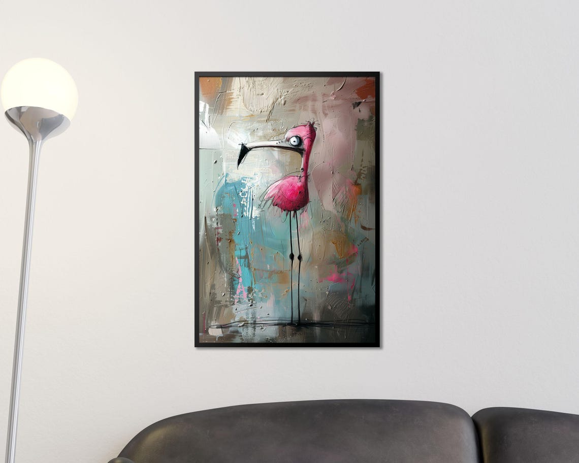 Crazy Pink Flamingo Quirky Abstract Painted Canvas Style Wall Art - Image 3