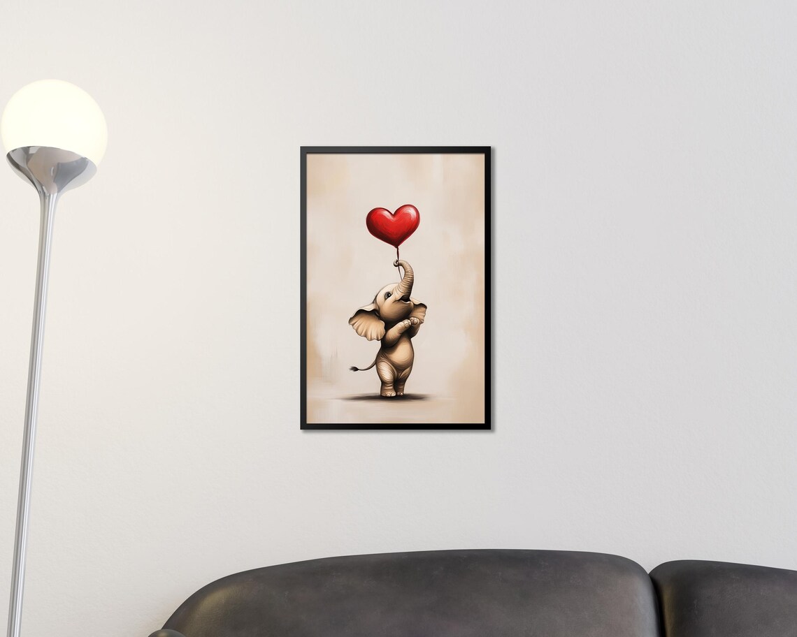 Cute Baby Elephant Holding Red Heart Balloon Nursery Wall Art - Image 2