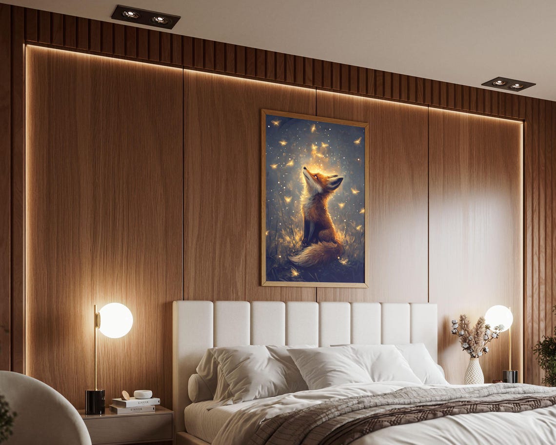 Red Fox Watching Glowing Fireflies Magical Night Forest Wall Art - Image 7