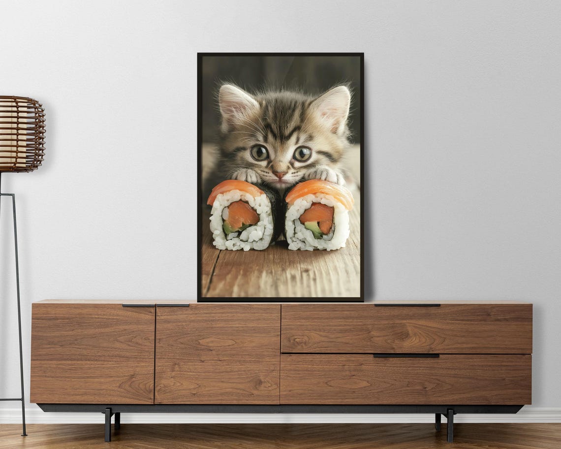 Tabby Kitten Behind Sushi Rolls Cute Foodie Kitchen Art Poster - Image 3