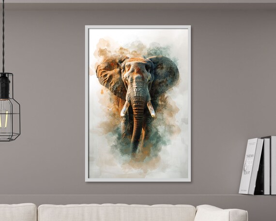 Watercolor Elephant Head Portrait Warm Earth Tones Ink Splash Art Poster