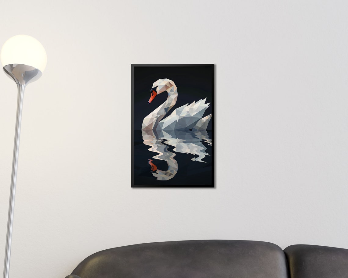 Geometric Low Poly White Swan On Dark Water Modern Bird Wall Art Print - Image 2