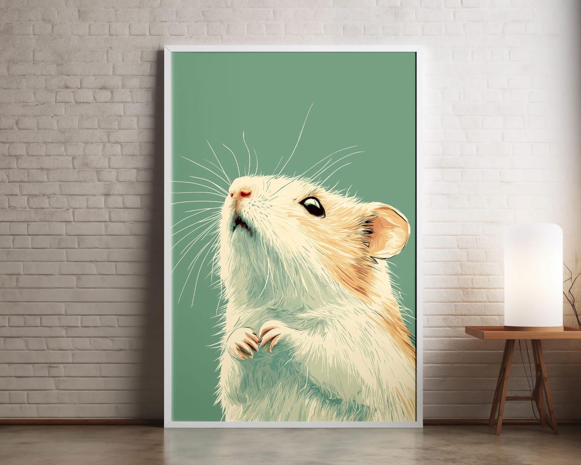 Cream Hamster Looking Up Minimalist Sage Green Background Wall Art