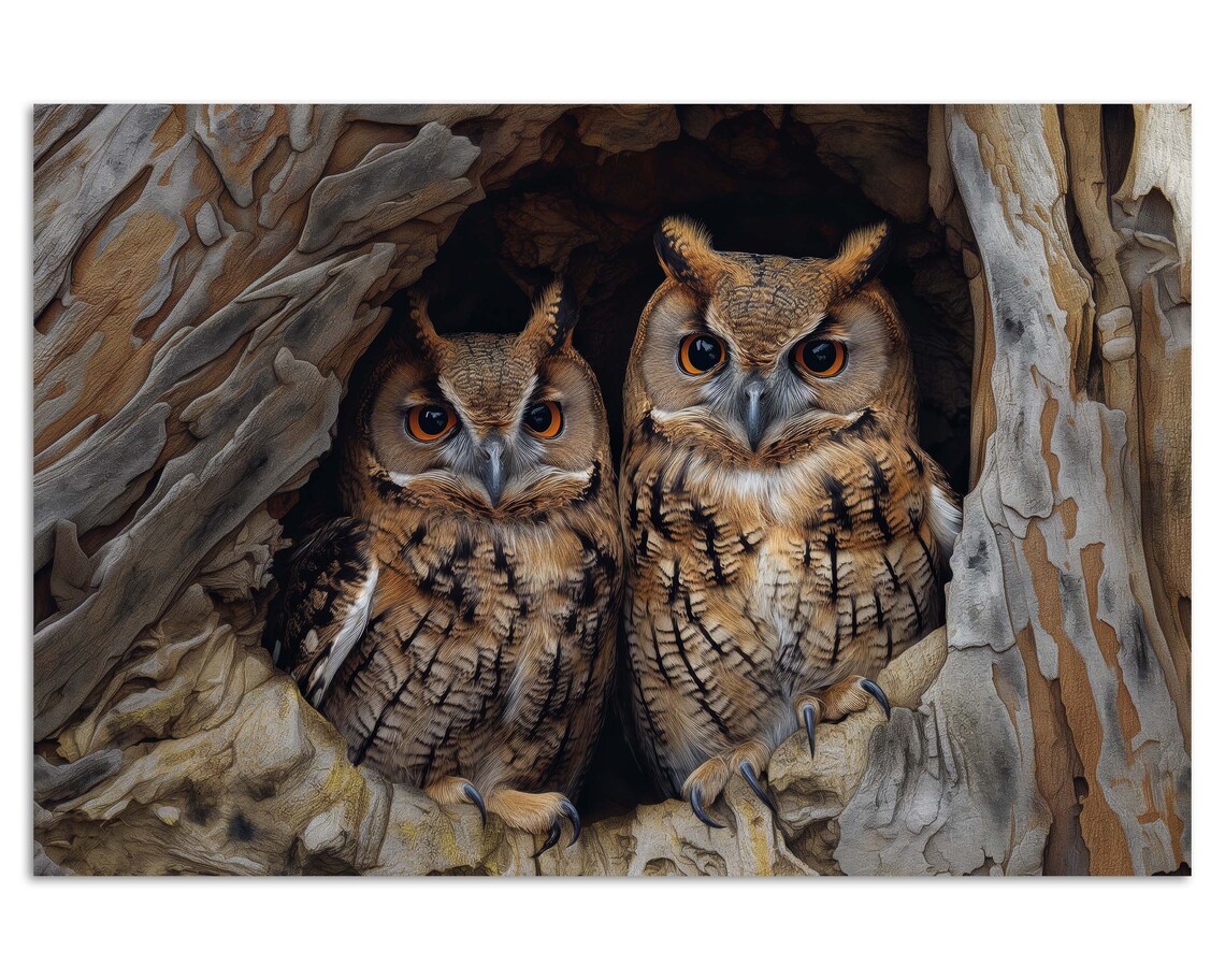Owl Couple Peeking From Tree Hollow Wildlife Photography Poster - Image 4