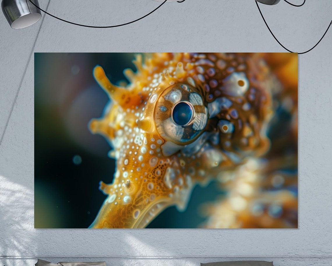 Golden Seahorse Face Macro Detailed Eye Vibrant Ocean Life Art Poster - Image 2