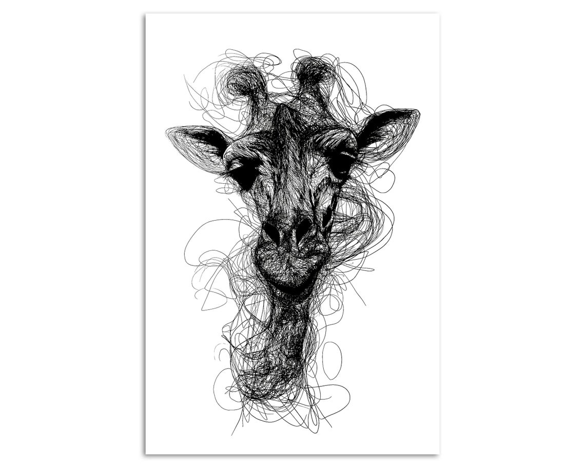Giraffe Head Scribble Art Black And White Line Drawing Wall Print - Image 4