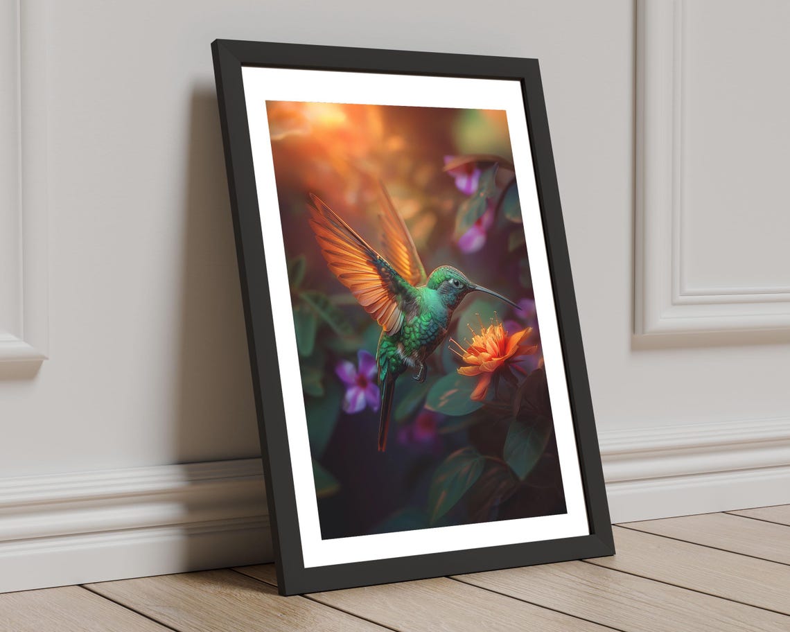 Emerald Hummingbird Hovering At Flower Golden Light Art Poster - Image 4