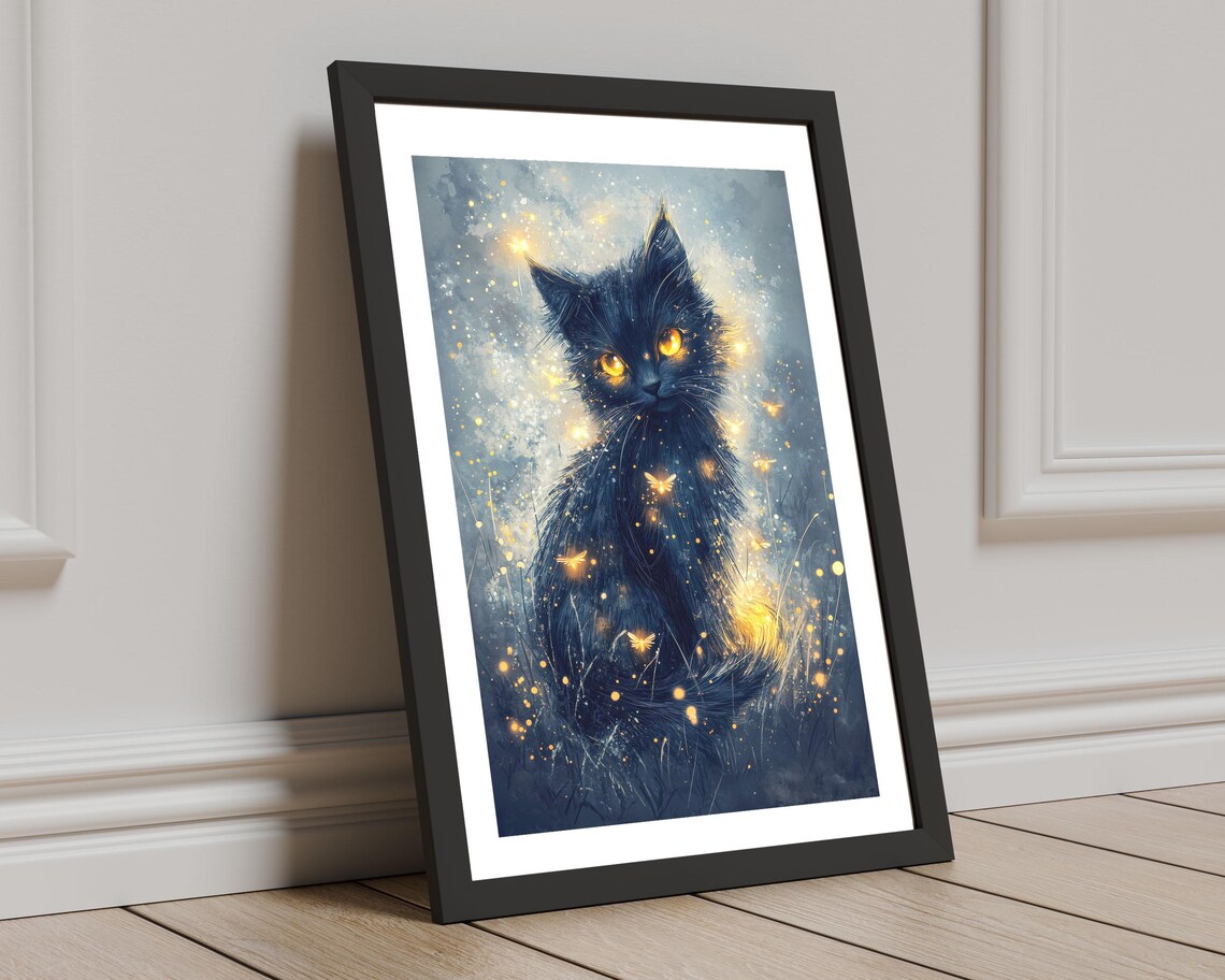 Mystical Black Kitten Golden Eyes Fireflies Magic Night Wall Art - Image 4
