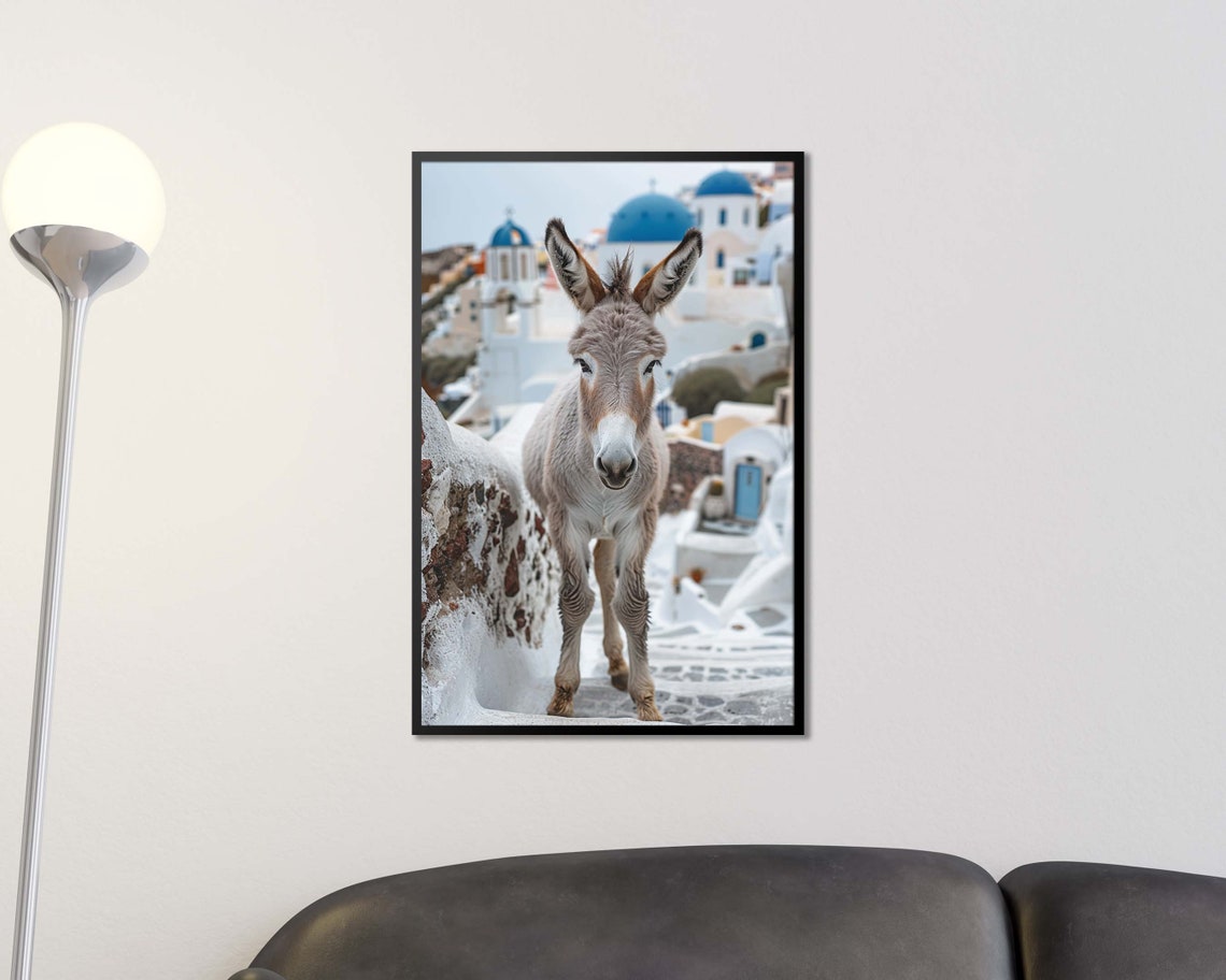 Santorini Donkey Standing By Blue Domes Old Town Greece Photo Wall Art - Image 2
