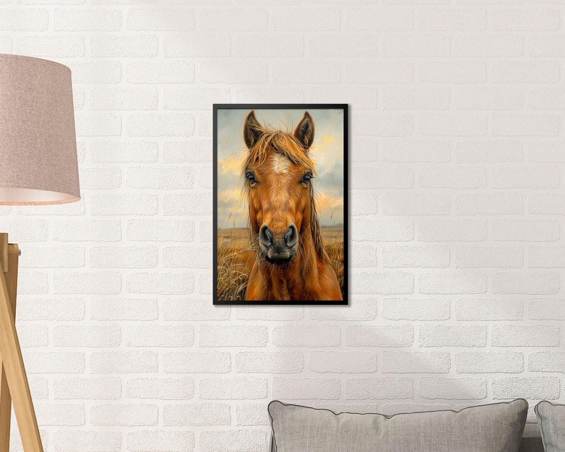 Chestnut Horse Face Portrait Golden Wheat Field Rustic Wall Art - Image 2