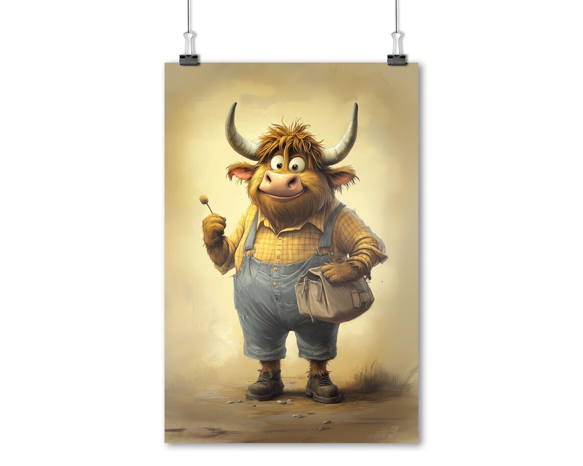 Farmer Cow In Overalls Whimsical Highland Cattle Farm Art Poster - Image 3