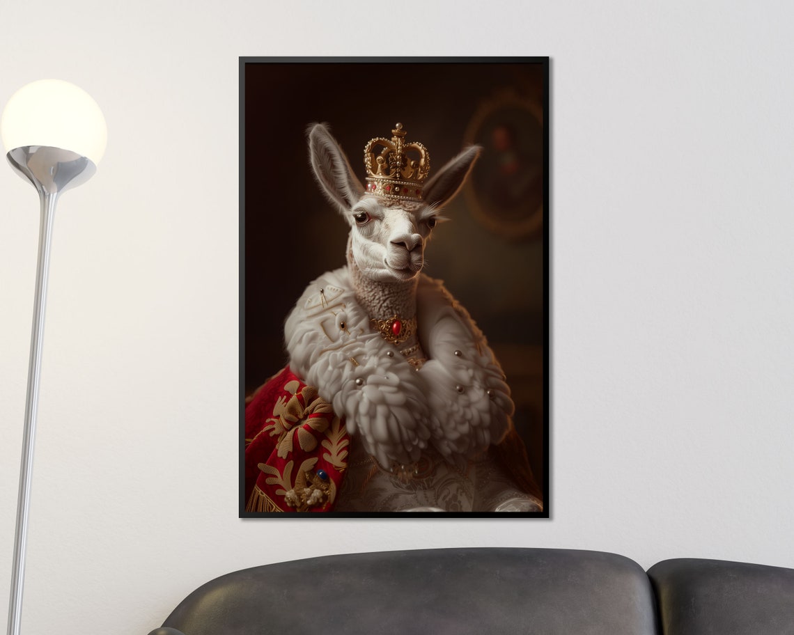 Royal Llama In Gold Crown Red Velvet Robe Regal Animal Portrait Poster - Image 3