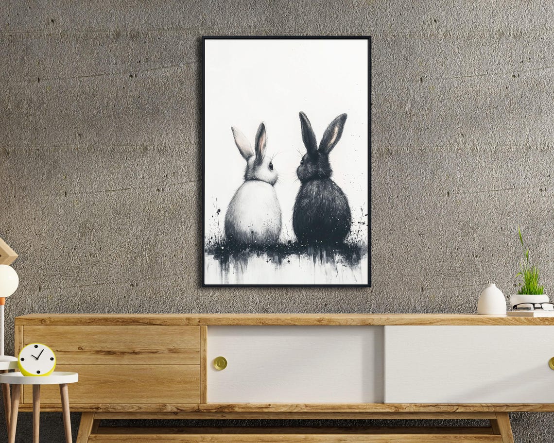 Black And White Bunnies Back To Back Monochrome Rabbit Art Poster - Image 4