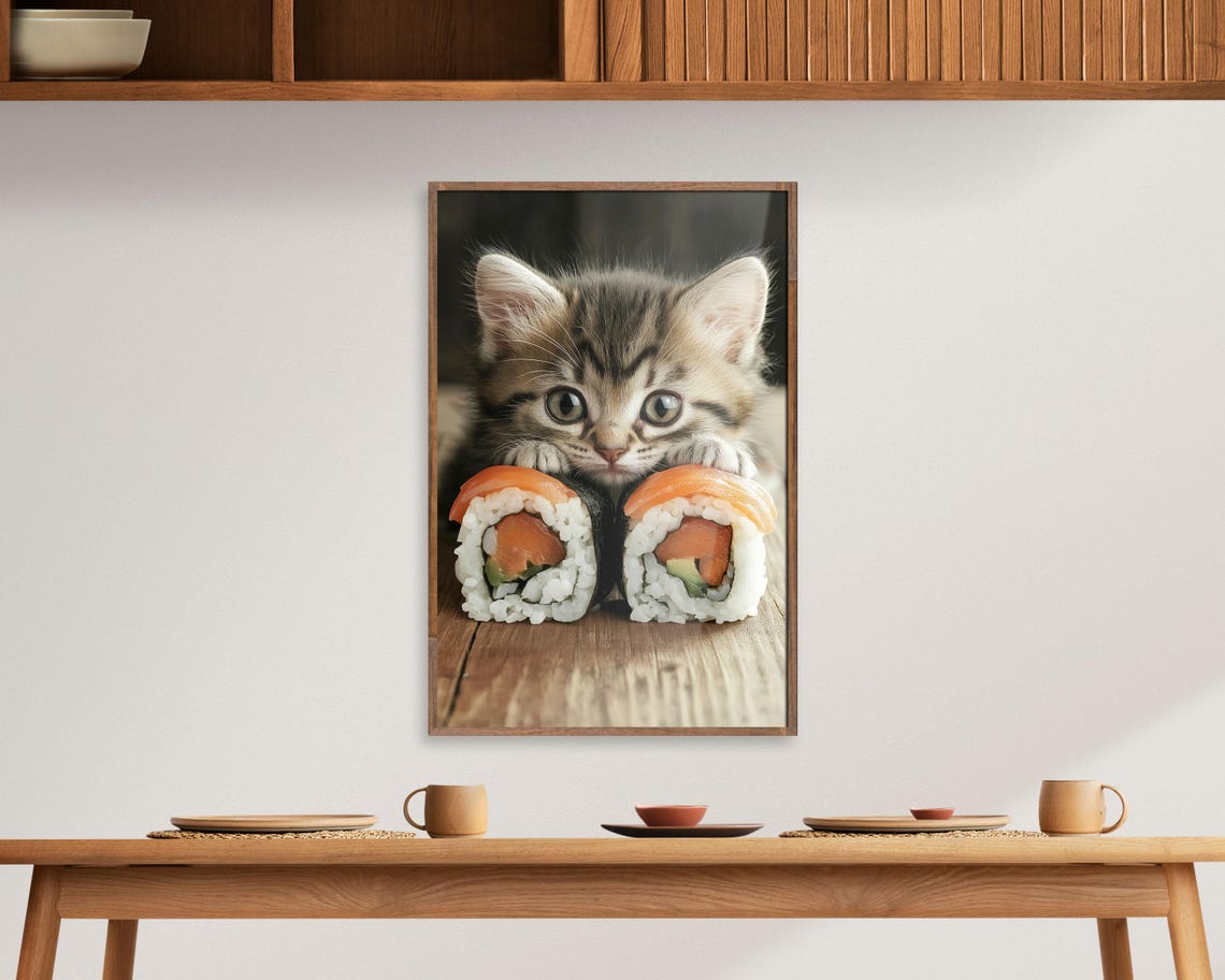 Tabby Kitten Behind Sushi Rolls Cute Foodie Kitchen Art Poster