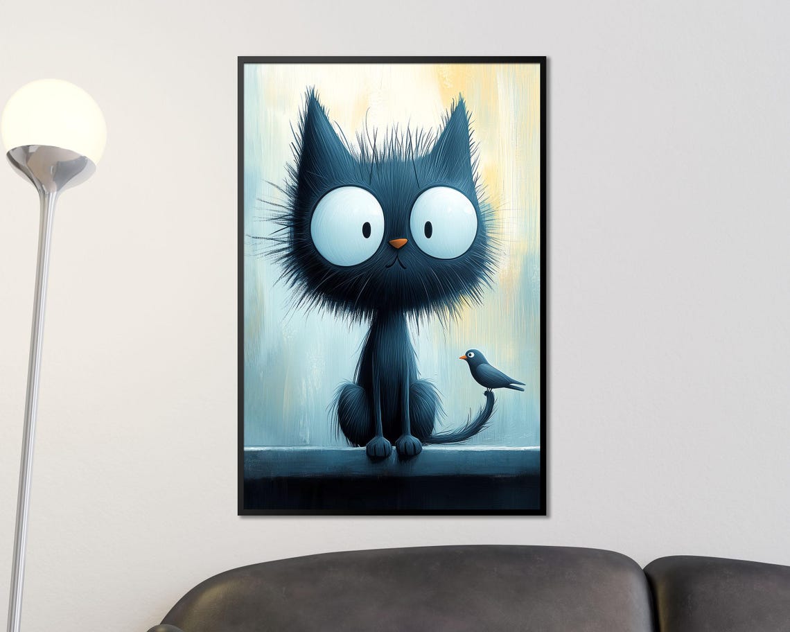 Cute Big Eyed Black Cat with Little Bird on Tail Nursery Wall Art - Image 4