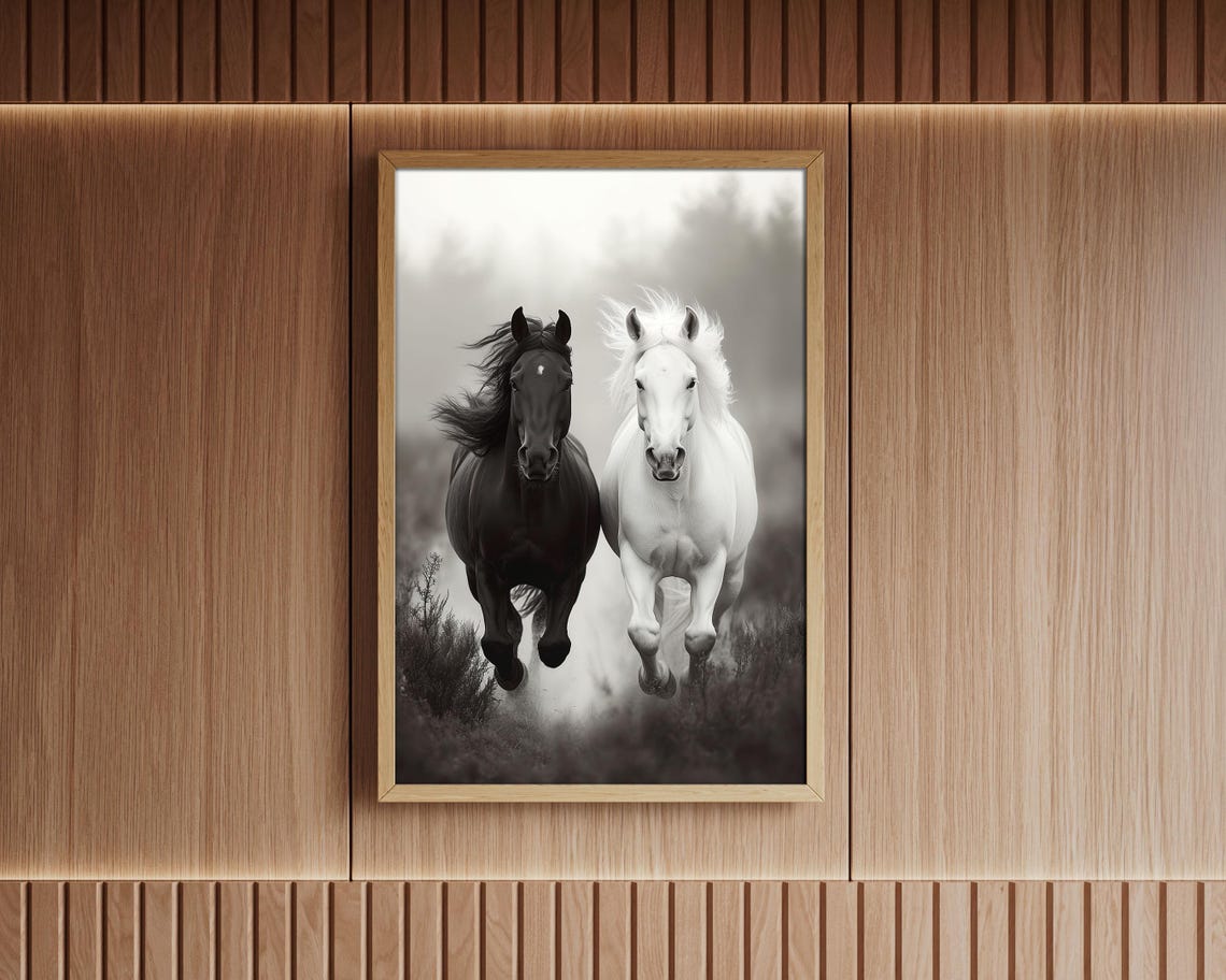 Black and White Horses Galloping Sepia Minimalist Equine Photo Poster - Image 4