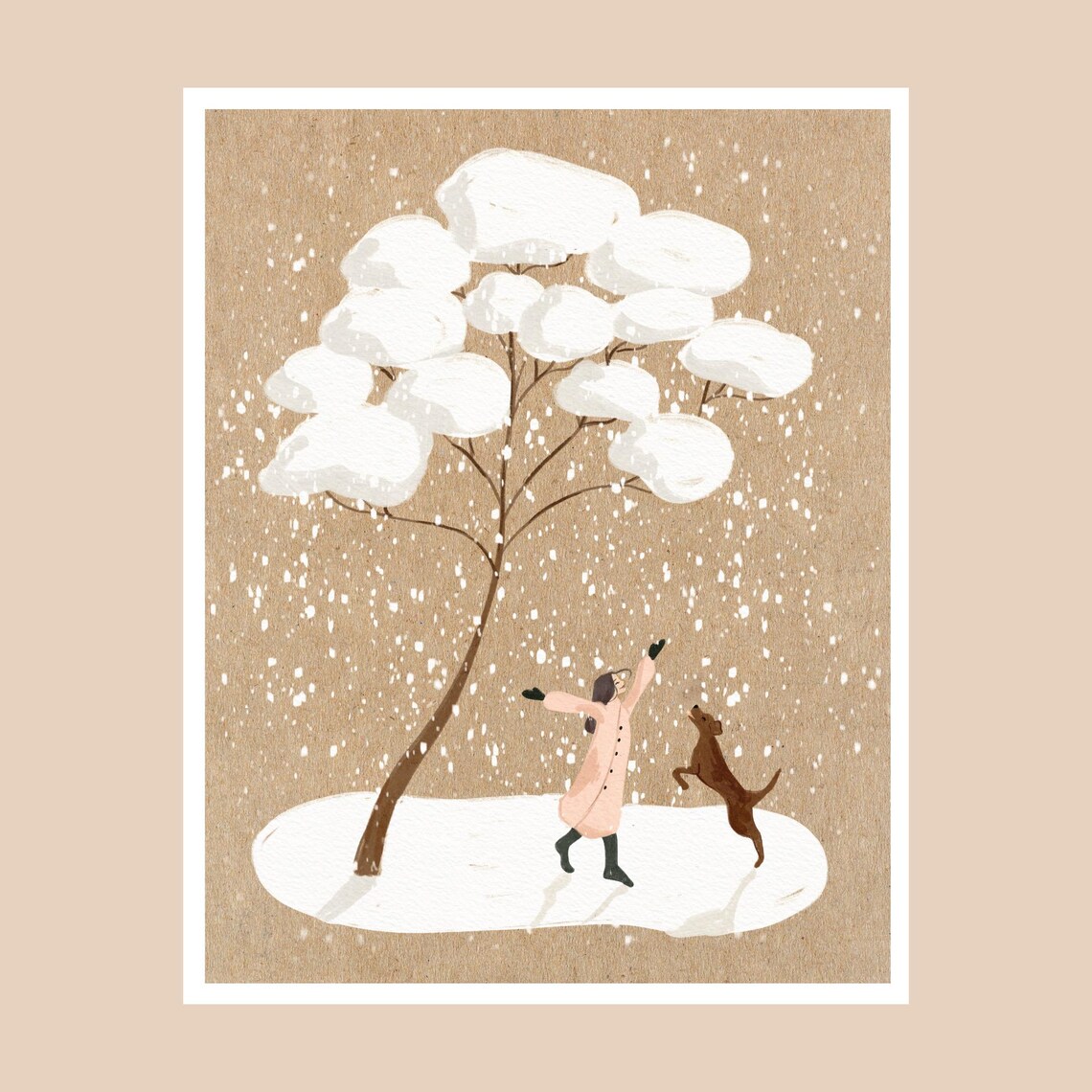 Winter Joy Art Print, Girl and Labrador Dog