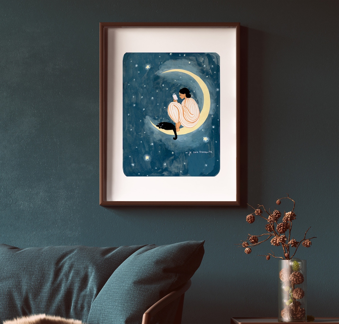 Moon Poster Print, Black Cat and Woman Reading - Image 4