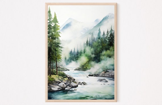 Mountain River Art Watercolor Painting Large Wall Art Mountains Forest Art Print Neutral Artwork Nature Watercolor Landscape