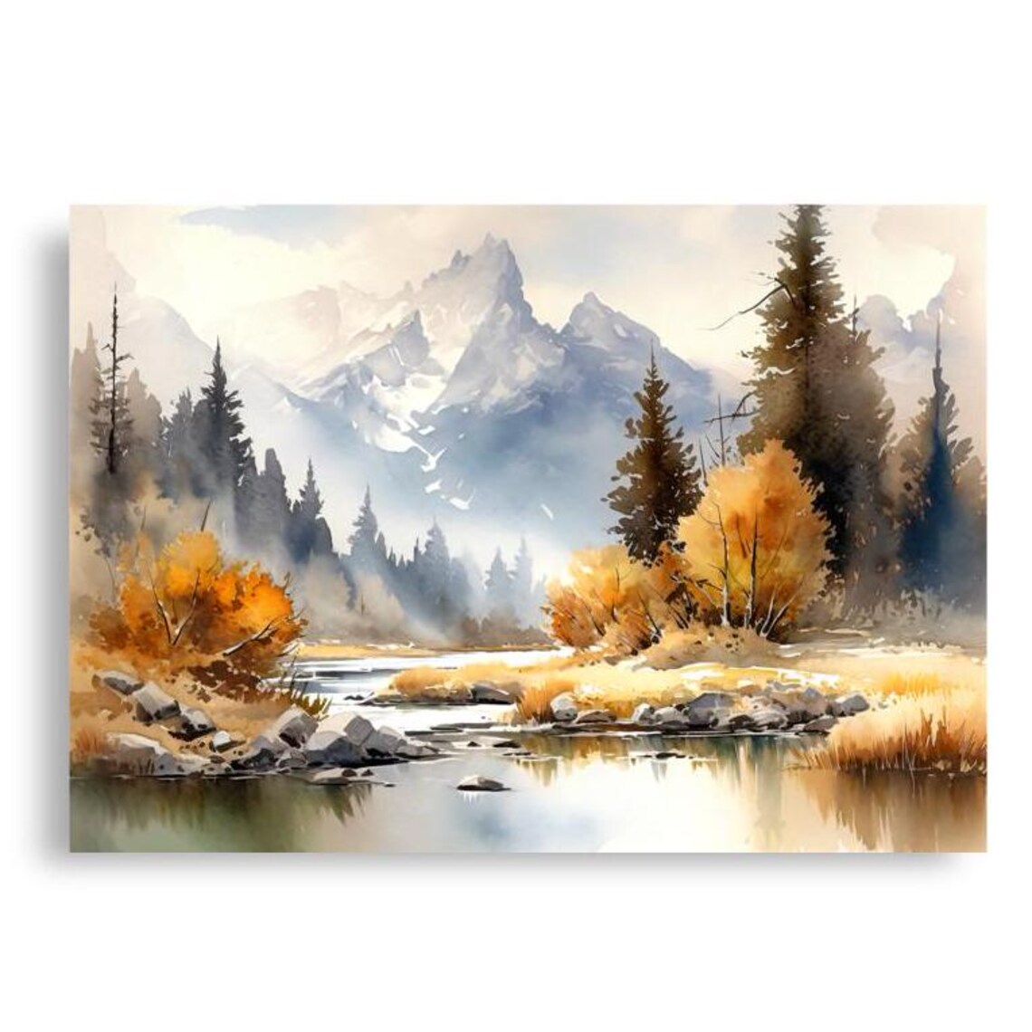 Autumn Mountain Lake Rocky Shoreline Snow Peaks Watercolor Nature Poster - Image 4