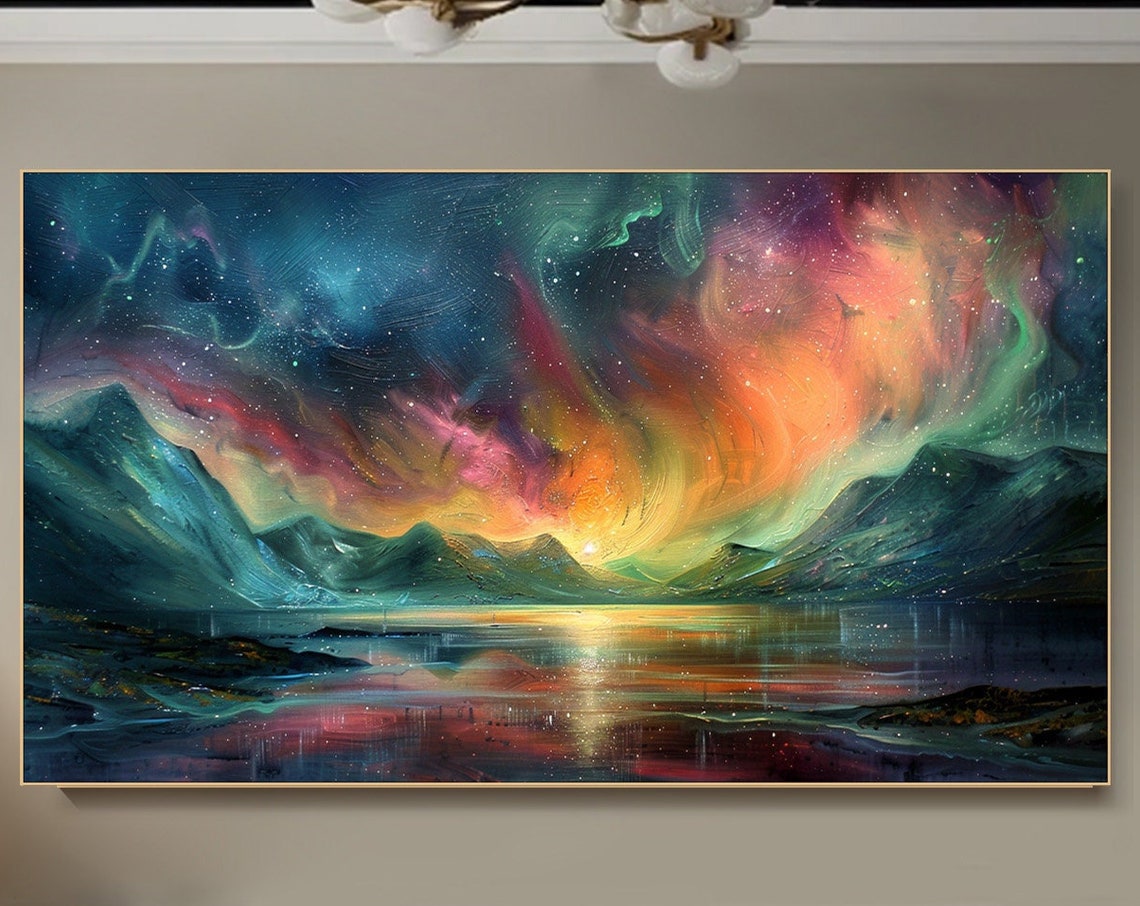 Aurora Borealis Colorful Night Sky Mountain Lake Reflection Poster