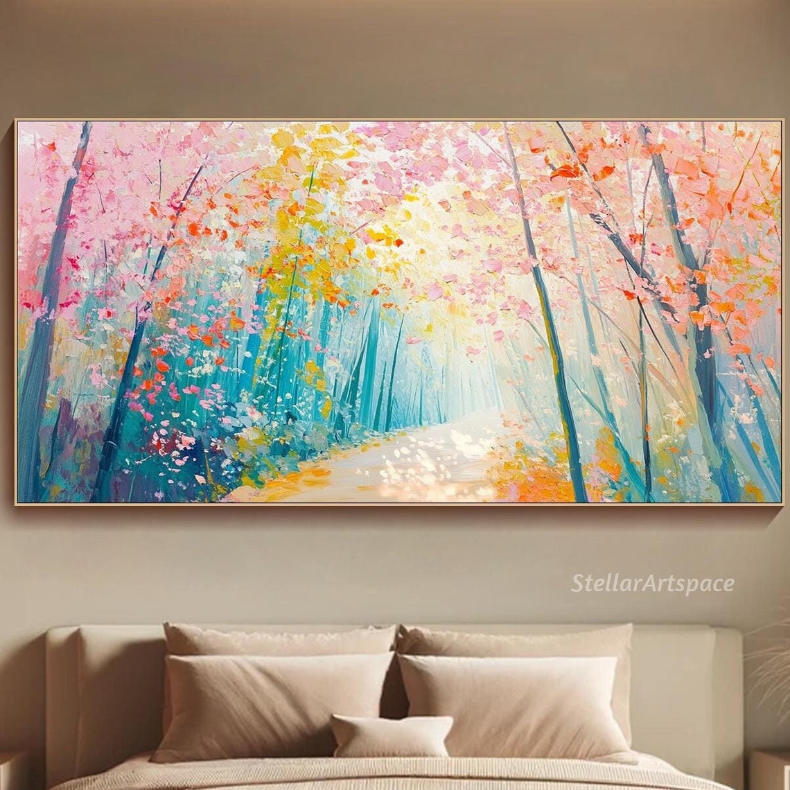 Spring Forest Path Pink Blossoms Teal Trees Light Trail Wall Art